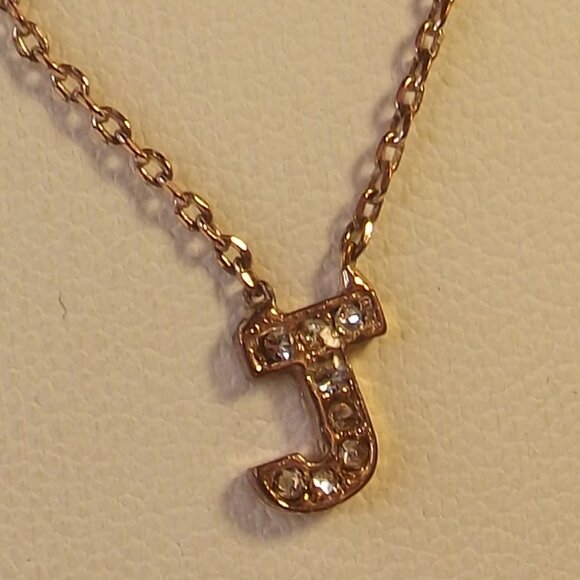 Tiny Initial "J" Necklace with Rhinestones in Rose Gold Tone - Picture 1 of 7